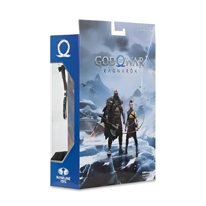 God of war kratos 7-inch scale action figure in blue clear plastic package featuring icy terrain and stormy skies
