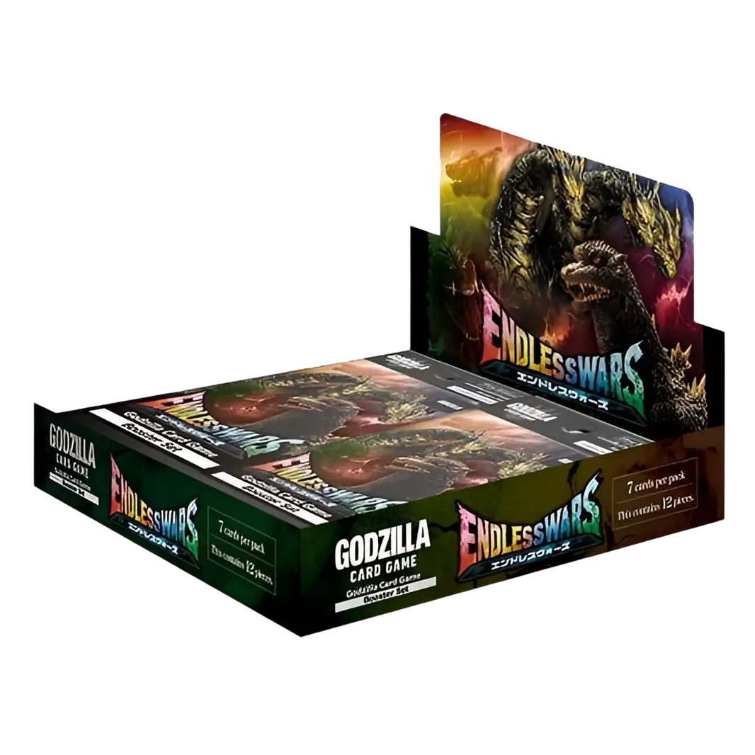 Dark green and black cardboard booster box for godzilla card game endless wars featuring giant monster artwork and rage cards