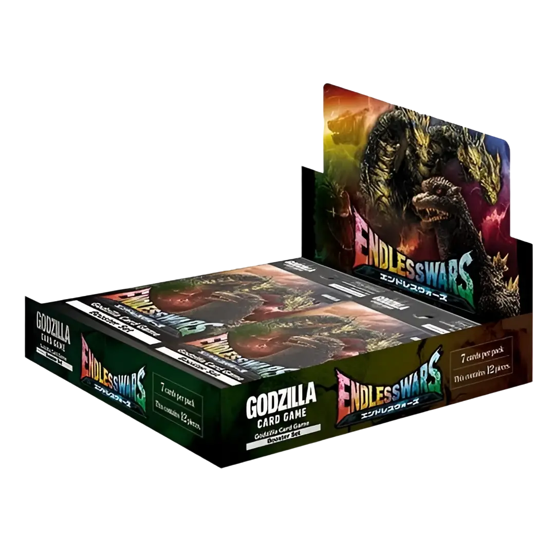 Dark green and black cardboard booster box for godzilla card game endless wars featuring giant monster artwork and rage cards