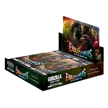 Dark green and black cardboard booster box for godzilla card game endless wars featuring giant monster artwork and rage cards