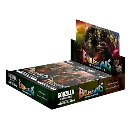 Dark green and black cardboard booster box for godzilla card game endless wars featuring giant monster artwork and rage cards