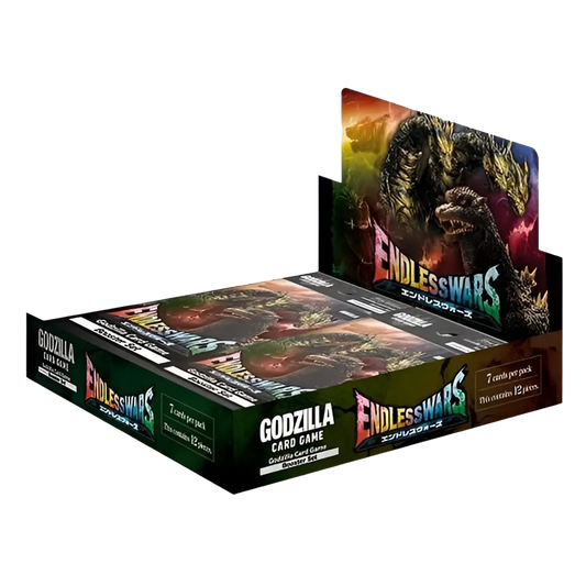 Dark green and black cardboard booster box for godzilla card game endless wars featuring giant monster artwork and rage cards