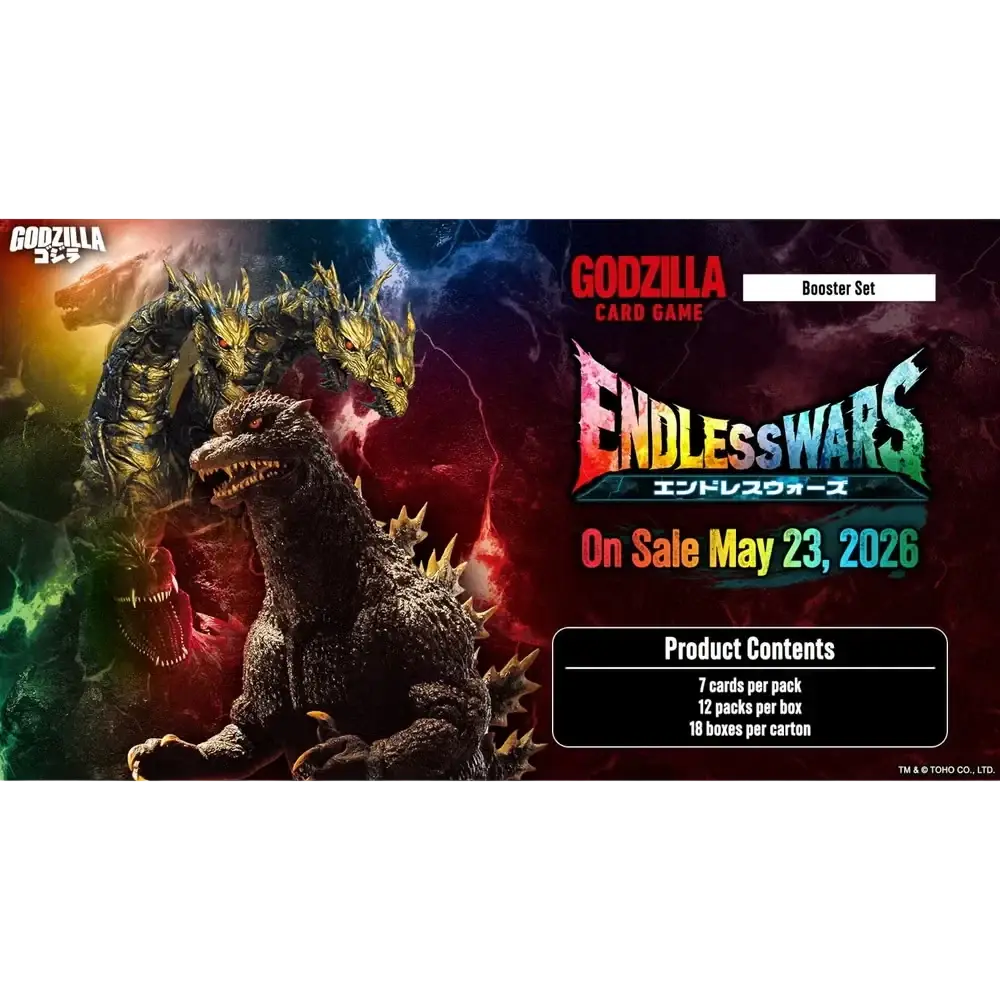 Godzilla card game endless wars booster box featuring godzilla with dark textured scales glowing golden accents and rage cards effects