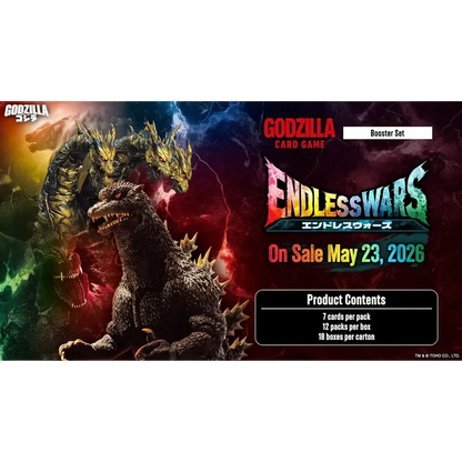 Godzilla card game endless wars booster box featuring godzilla with dark textured scales glowing golden accents and rage cards effects