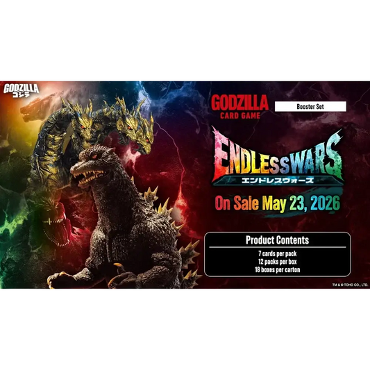 Godzilla card game endless wars booster box featuring godzilla with dark textured scales glowing golden accents and rage cards effects