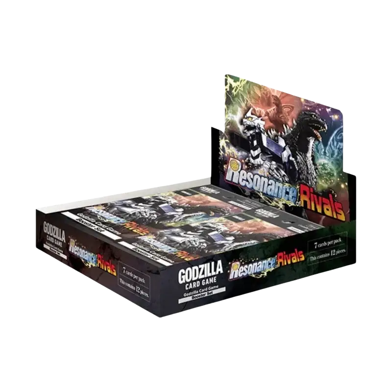 Black cardboard booster box for godzilla card game resonance of rivals featuring vibrant monster artwork and glowing effects