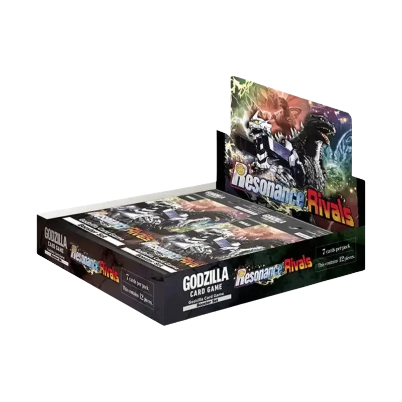 Black cardboard booster box for godzilla card game resonance of rivals featuring vibrant monster artwork and glowing effects