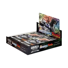 Black cardboard booster box for godzilla card game resonance of rivals featuring vibrant monster artwork and glowing effects