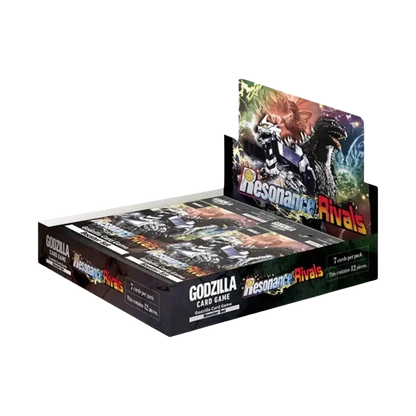Black cardboard booster box for godzilla card game resonance of rivals featuring vibrant monster artwork and glowing effects
