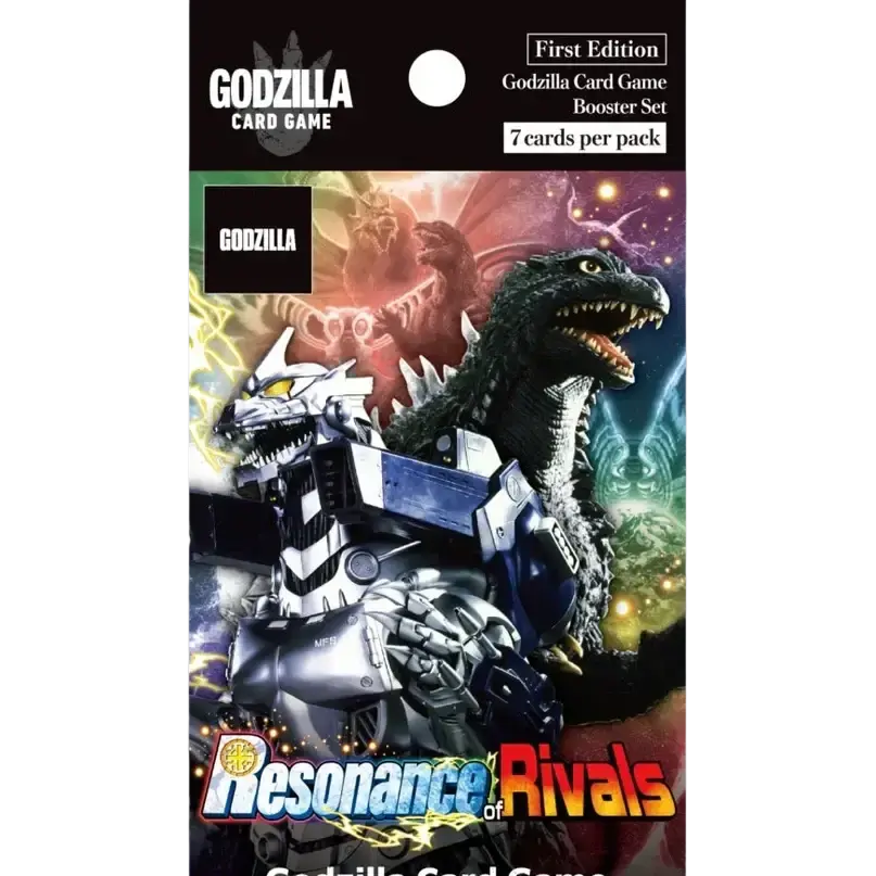 Godzilla card game resonance of rivals booster box featuring black-scaled godzilla and silver-blue mech godzilla on cosmic background