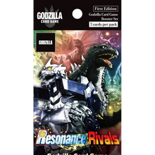 Godzilla card game resonance of rivals booster box featuring black-scaled godzilla and silver-blue mech godzilla on cosmic background