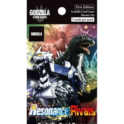 Godzilla card game resonance of rivals booster box featuring black-scaled godzilla and silver-blue mech godzilla on cosmic background