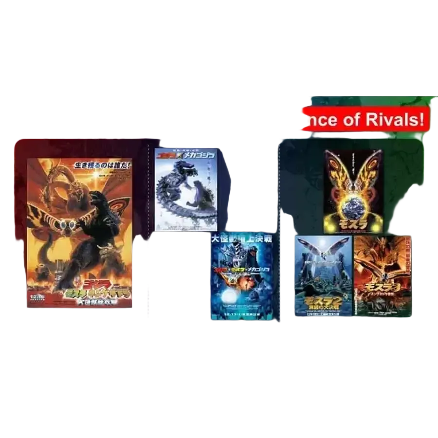Collection of five vibrant japanese movie posters featuring Godzilla and Mothra in Godzilla card game booster box layout