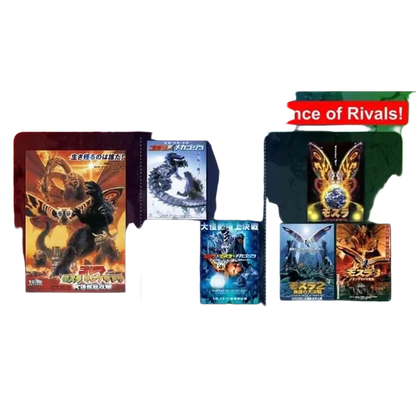 Collection of five vibrant japanese movie posters featuring Godzilla and Mothra in Godzilla card game booster box layout