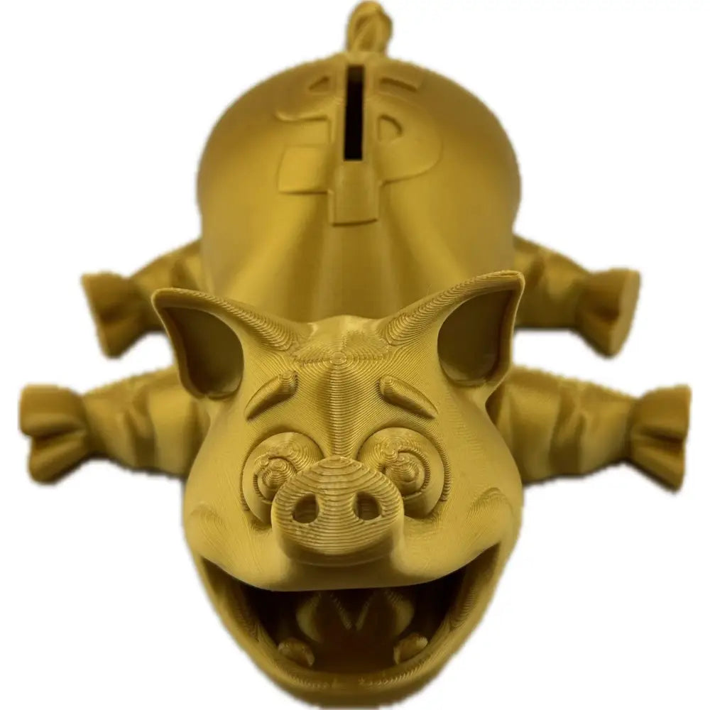 Gold-colored pig-shaped coin bank.