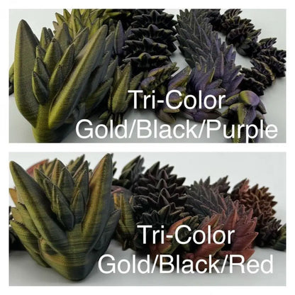 Tri-color 3D printed articulated dragons.