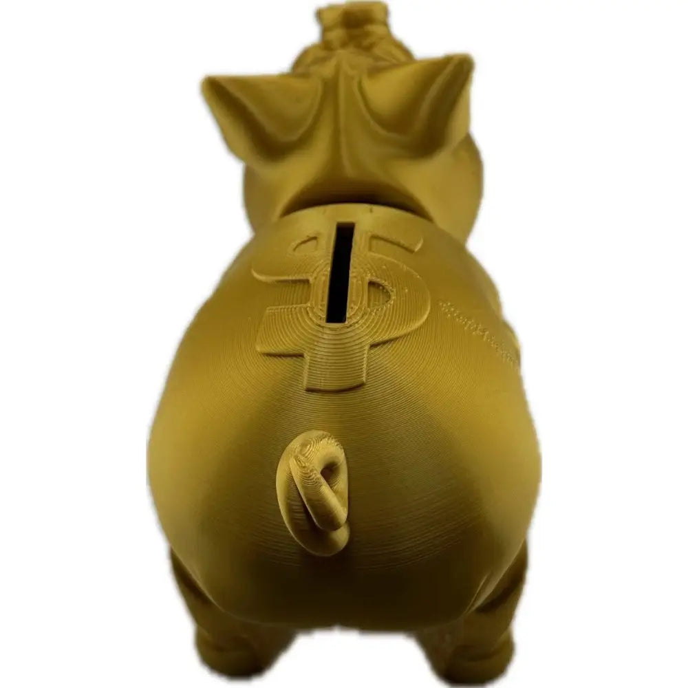 Golden piggy bank with dollar sign.