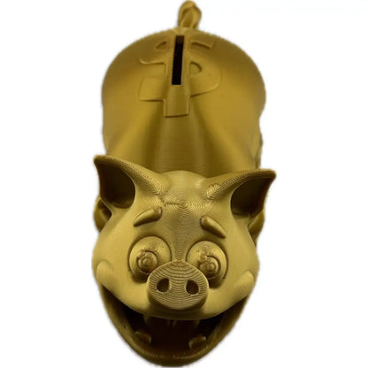 Gold-colored pig-shaped coin bank.