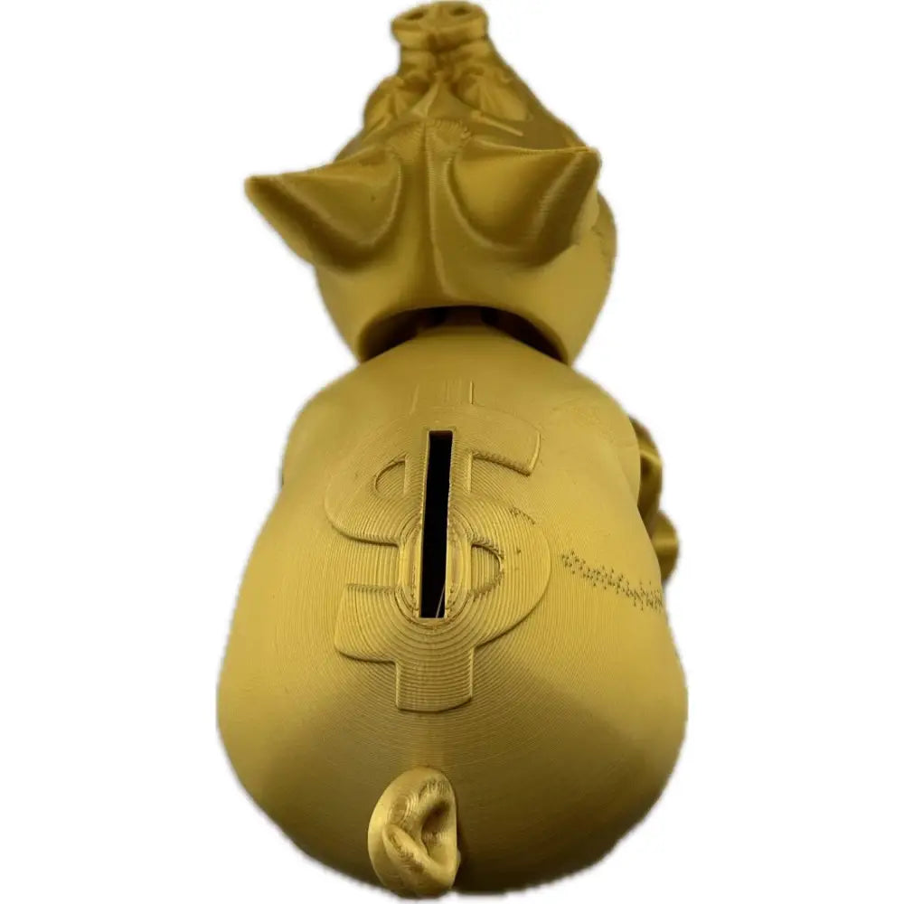 Gold piggy bank with dollar sign.