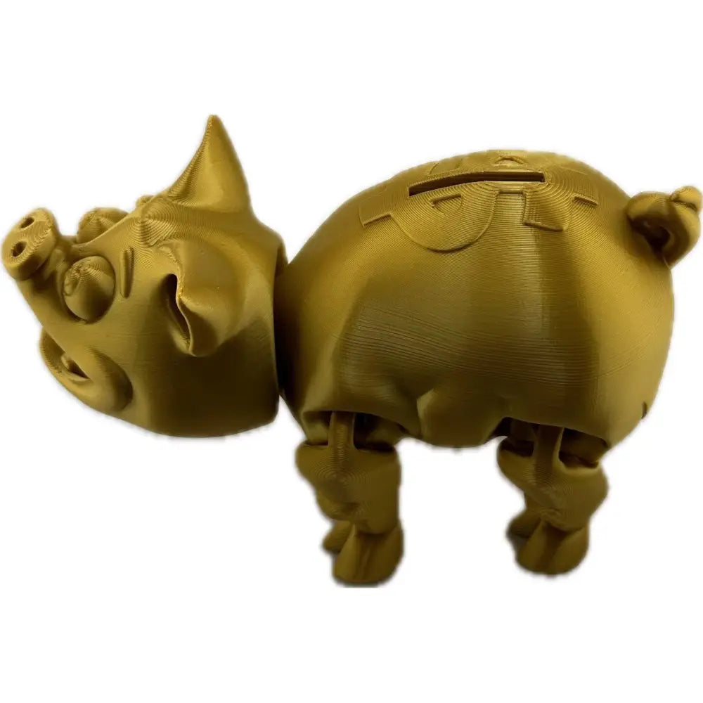 Gold-colored, articulated piggy bank.