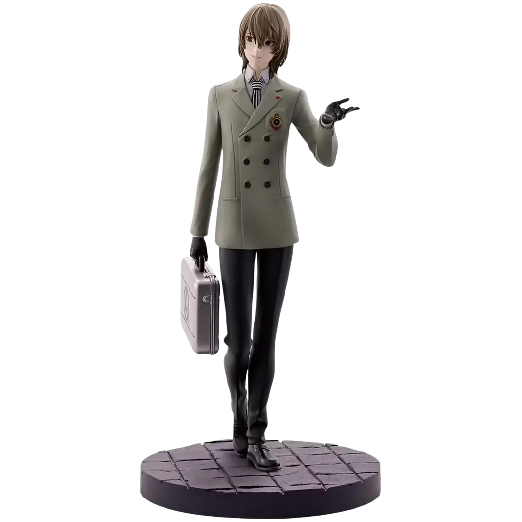 A detailed goro akechi persona 5 royal ichibansho figure in an olive-green double-breasted suit holding a silver briefcase