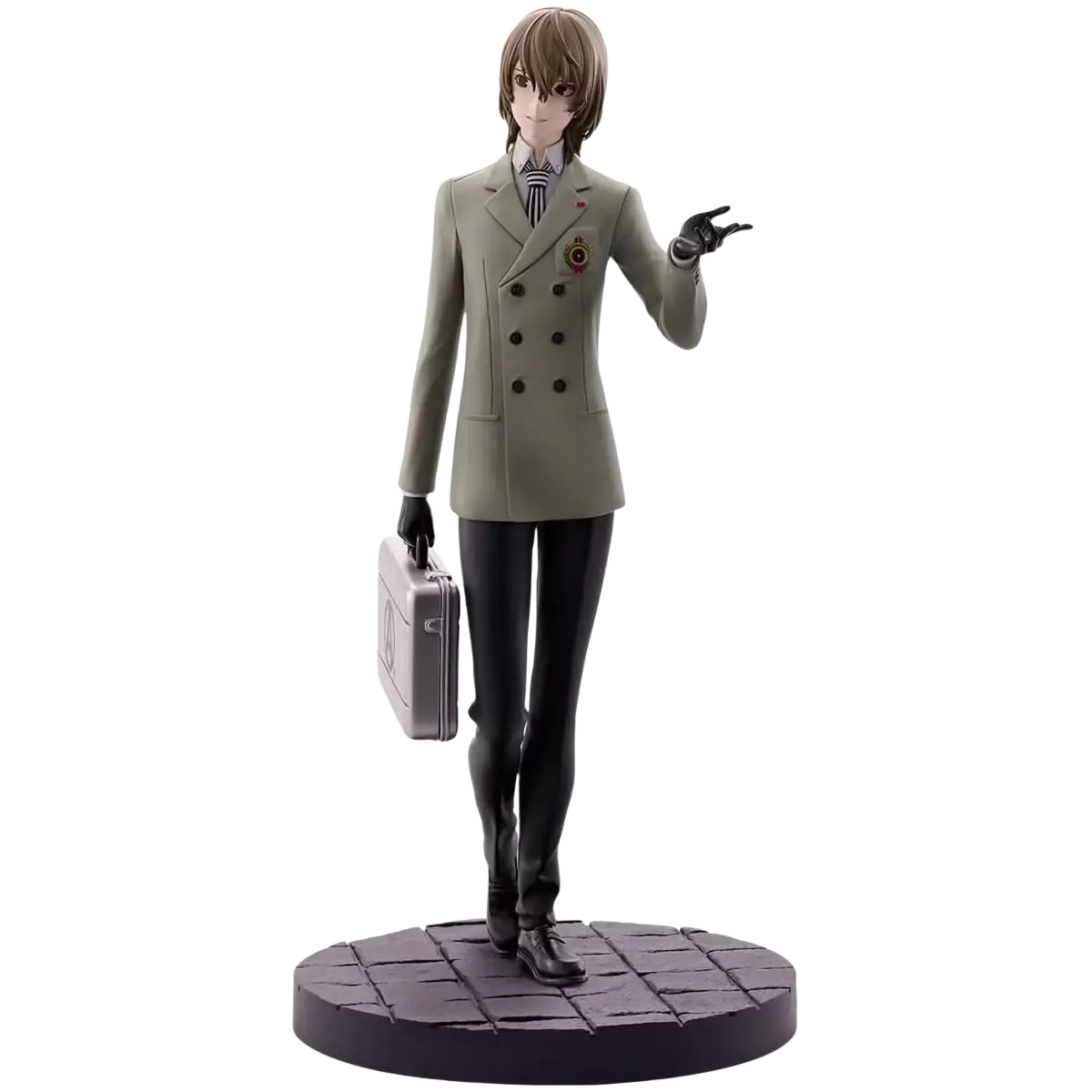 A detailed goro akechi persona 5 royal ichibansho figure in an olive-green double-breasted suit holding a silver briefcase