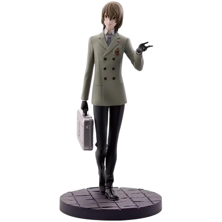 A detailed goro akechi persona 5 royal ichibansho figure in an olive-green double-breasted suit holding a silver briefcase
