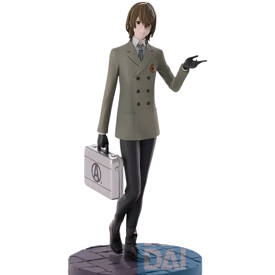 Detailed goro akechi persona 5 royal ichibansho figure in olive green suit holding silver avengers briefcase