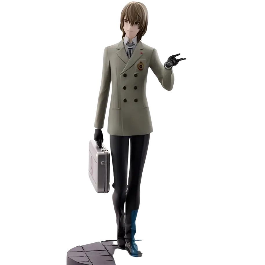 A detailed goro akechi persona 5 royal ichibansho figure in olive-green suit holding a silver briefcase and wearing black gloves