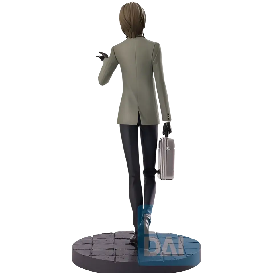Goro akechi persona 5 royal ichibansho figure with olive green blazer black pants and silver briefcase on circular base