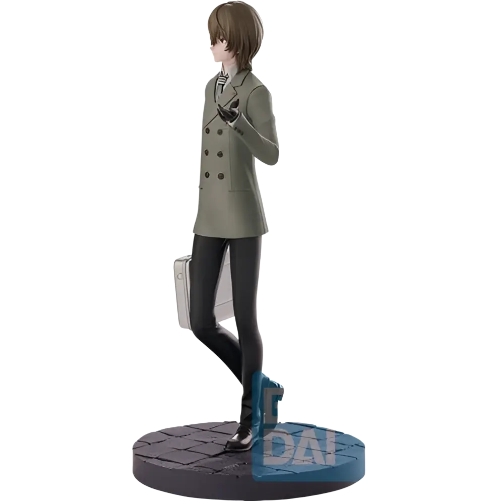 Olive green double breasted coat with black gloves and trousers on textured base goro akechi persona royal ichibansho figure