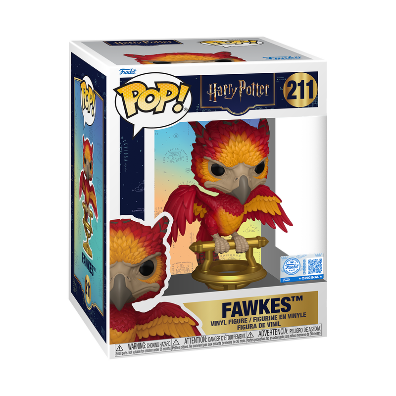 Harry Potter Fawkes on Perch Premium Funko Pop! Vinyl Figure in its box, a vibrant red & gold phoenix.