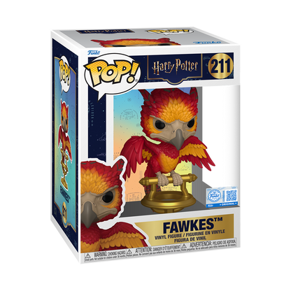 Harry Potter Fawkes on Perch Premium Funko Pop! Vinyl Figure in its box, a vibrant red & gold phoenix.