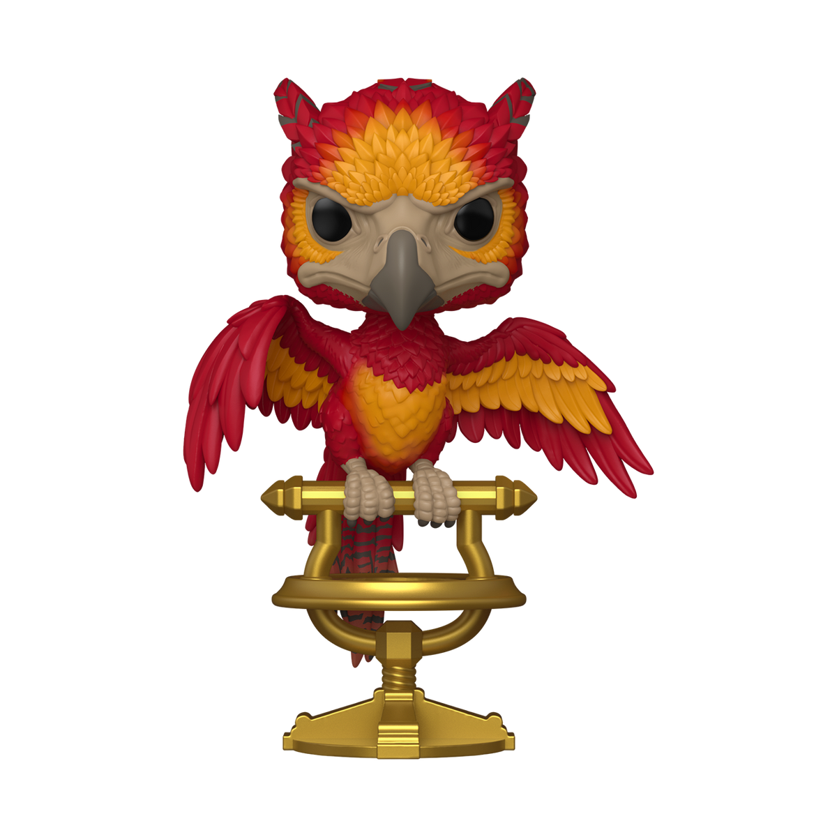 Harry Potter Fawkes on Perch Premium Funko Pop! Vinyl Figure, a red and orange phoenix perched on a golden stand.