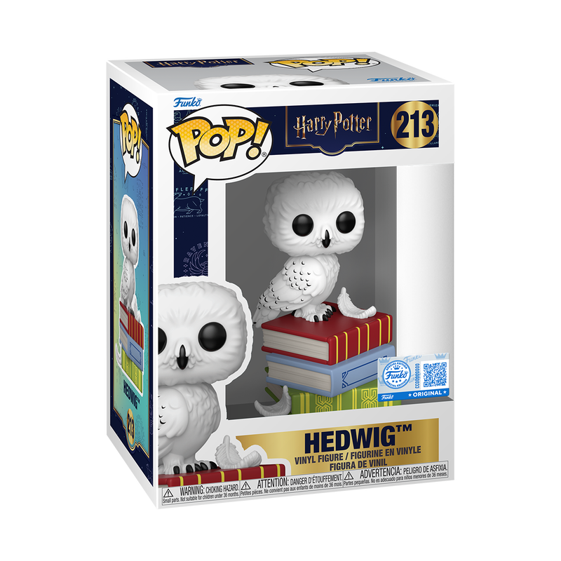 Harry Potter Hedwig on Books Funko Pop! Vinyl Figure #213 in box. White owl figure sitting on books.