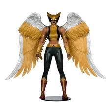Back view of kendra saunders hawkgirl action figure by mcfarlane toys featuring gold white wings and black gold armor