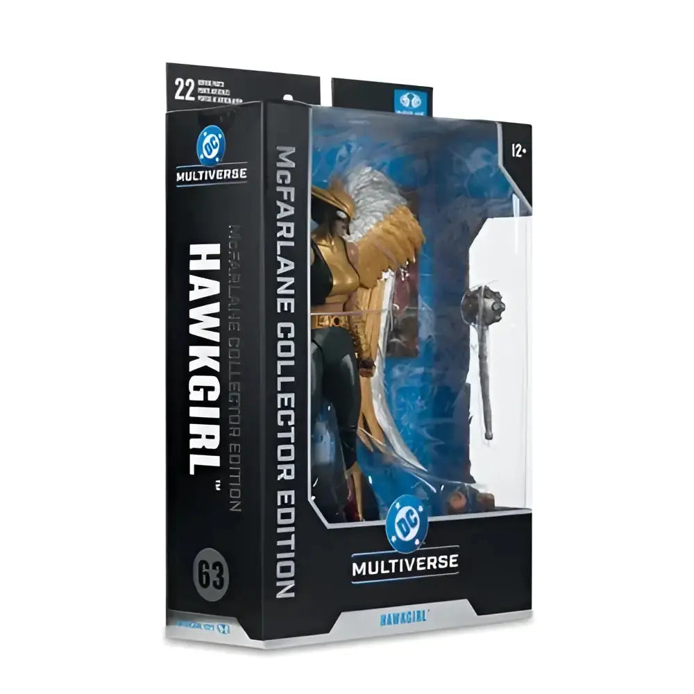 Hawkgirl Kendra Saunders action figure with gold and silver armor in black and blue McFarlane Toys packaging