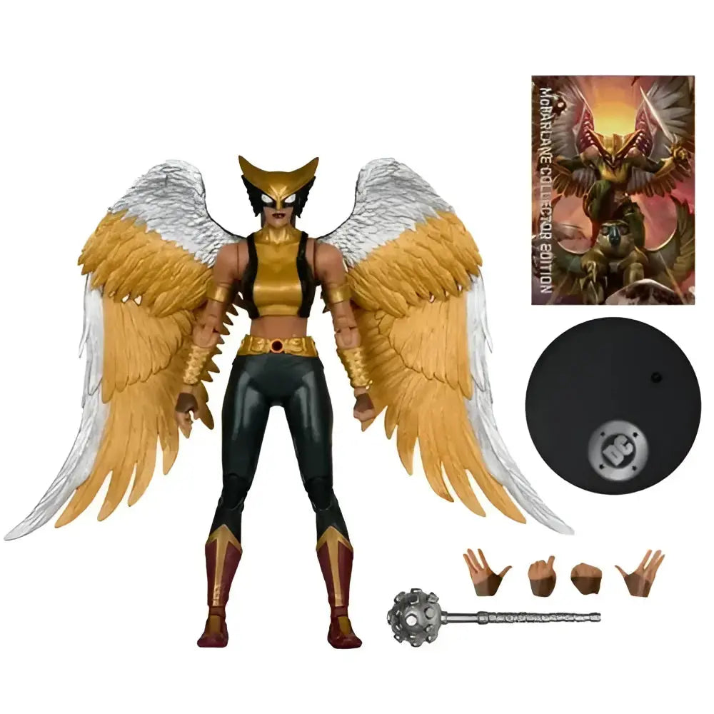 Hawkgirl kendra saunders action figure by McFarlane toys with golden white feathered wings and gold accented black leggings