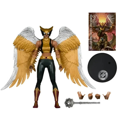 Hawkgirl kendra saunders action figure by McFarlane toys with golden white feathered wings and gold accented black leggings