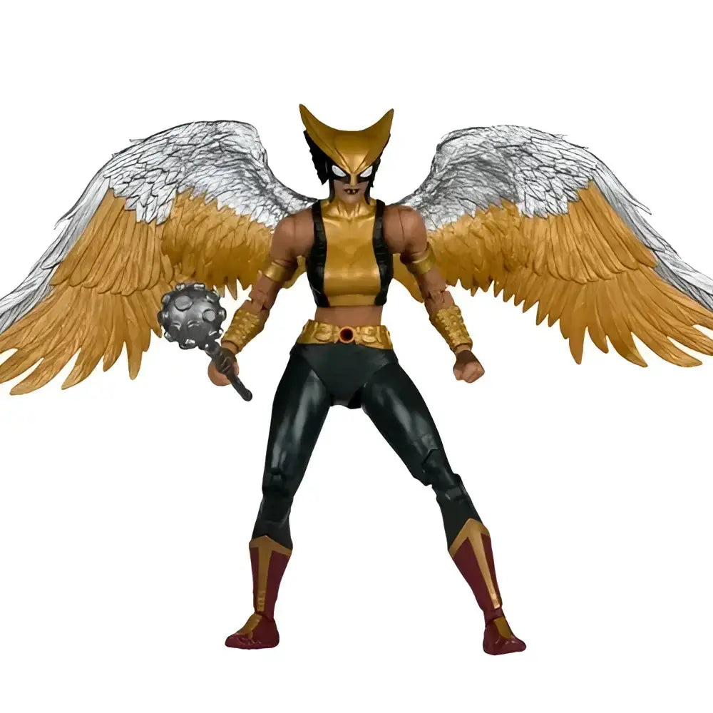 Hawkgirl Kendra Saunders action figure by McFarlane toys features golden wings, black pants, red boots, and a spiked mace
