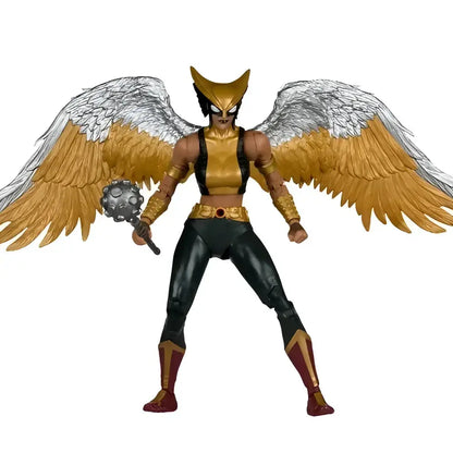 Hawkgirl Kendra Saunders action figure by McFarlane toys features golden wings, black pants, red boots, and a spiked mace
