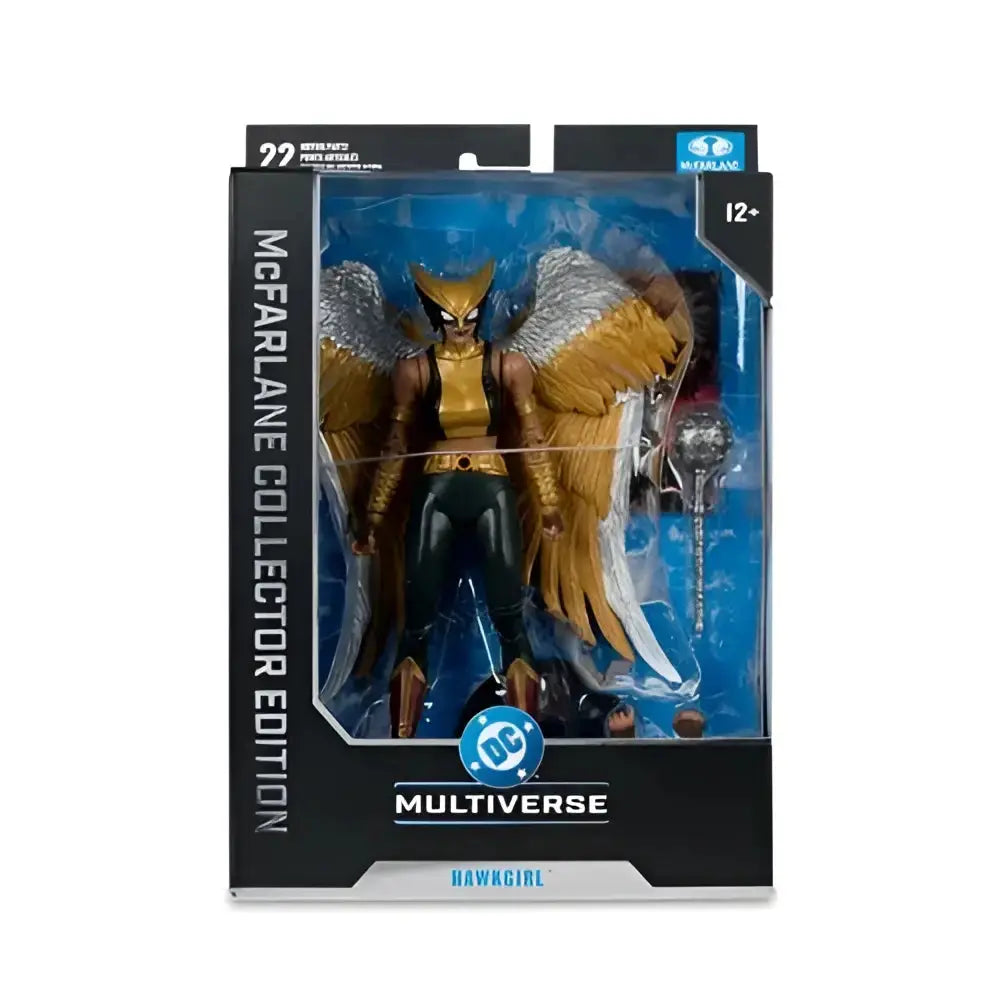 Hawkgirl Kendra Saunders action figure by McFarlane Toys features gold wings and yellow chest armor in black blue packaging