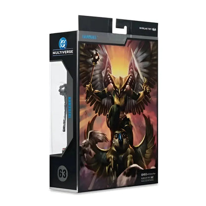 Black and gold armored kendra saunders hawkgirl action figure with large wings by mcfarlane toys in multiverse box