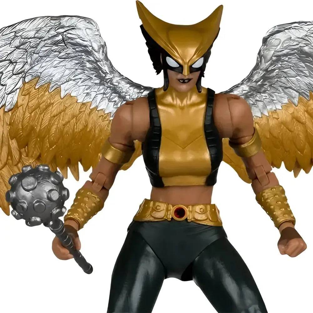 Hawkgirl kendra saunders action figure by McFarlane toys features silver feathered wings black armored bodysuit and gold accessories