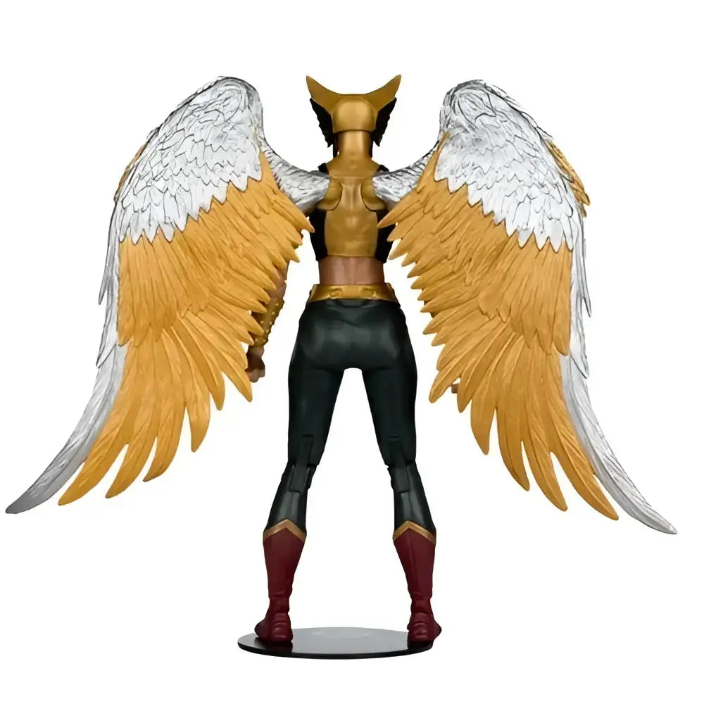 Hawkgirl kendra saunders 7-inch scale action figure by McFarlane toys with gold and white feathered wings and black bodysuit