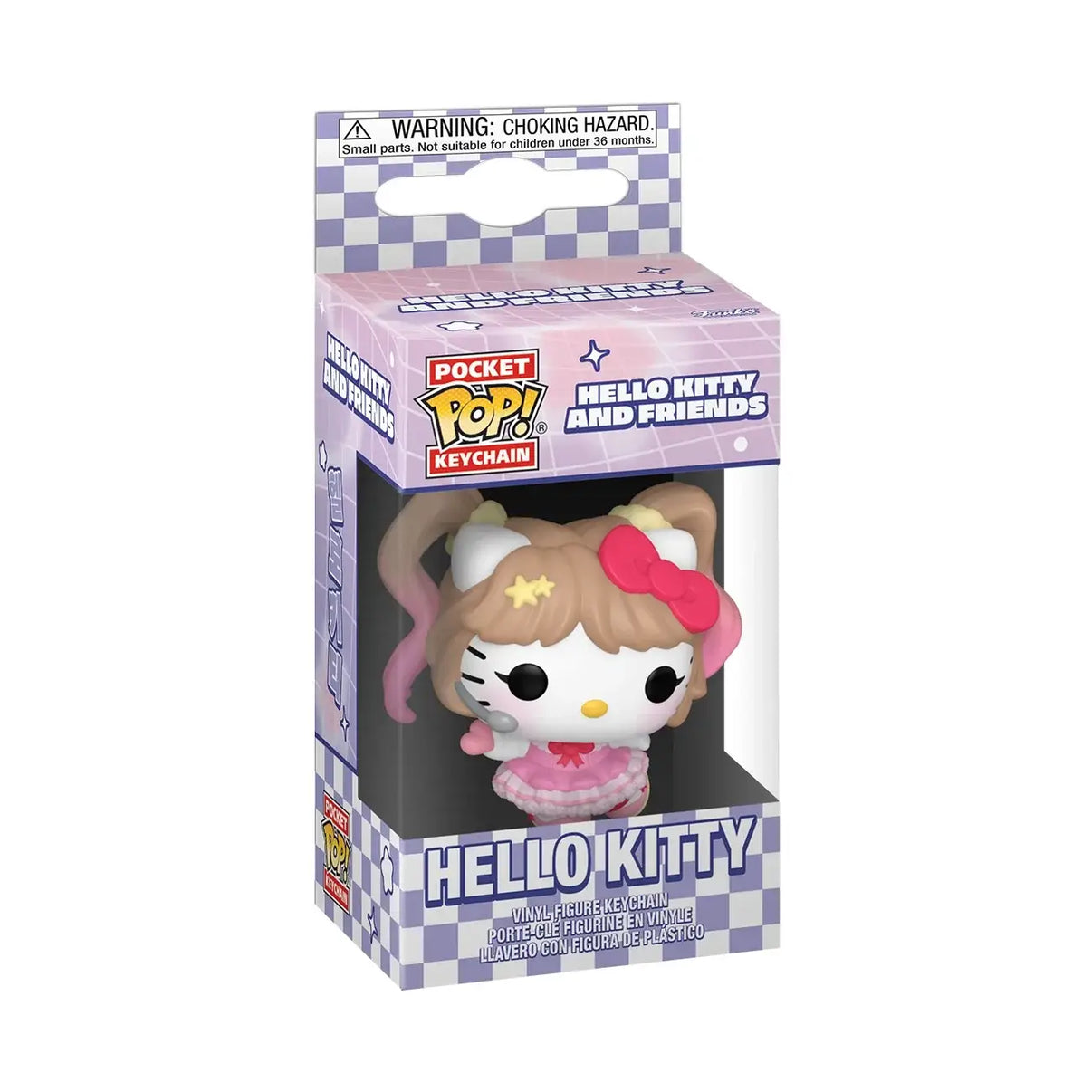 Pink hello kitty k-pop funko pocket pop keychain with blonde pigtails red bow star clips made of durable vinyl