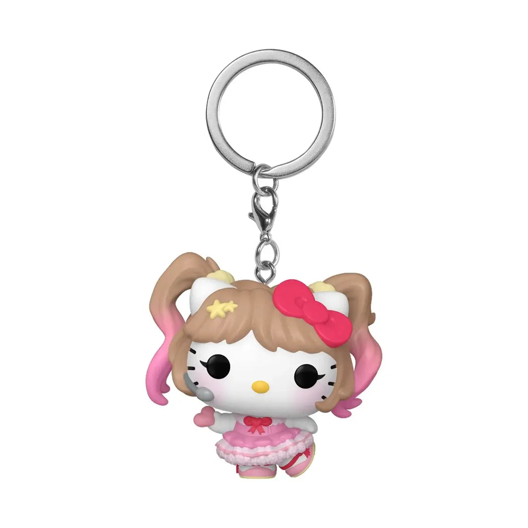 Hello kitty and friends k-pop funko pocket key chain in pink and white durable vinyl with red bow and brown pigtails