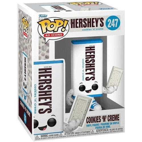 White and blue hershey’s cookies ‘n’ creme chocolate bar-shaped funko pop! Figure with a smiling face, holding miniature candy bars.