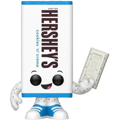 White and blue funko pop! Figure of a hershey’s cookies ‘n’ creme candy bar with black eyes, pink tongue, perforated arms and legs, wearing white sneakers with blue stripes.