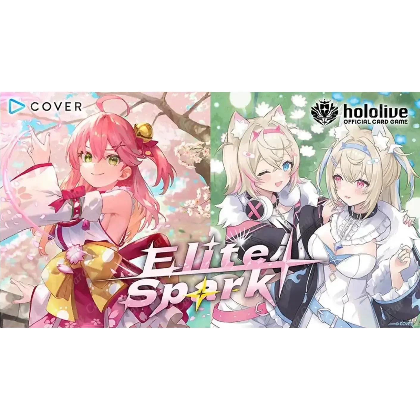 The cover art for the ’elite spark’ hololive official card game features two anime-style female characters with distinct outfits and vibrant pink, white, and gold color schemes.